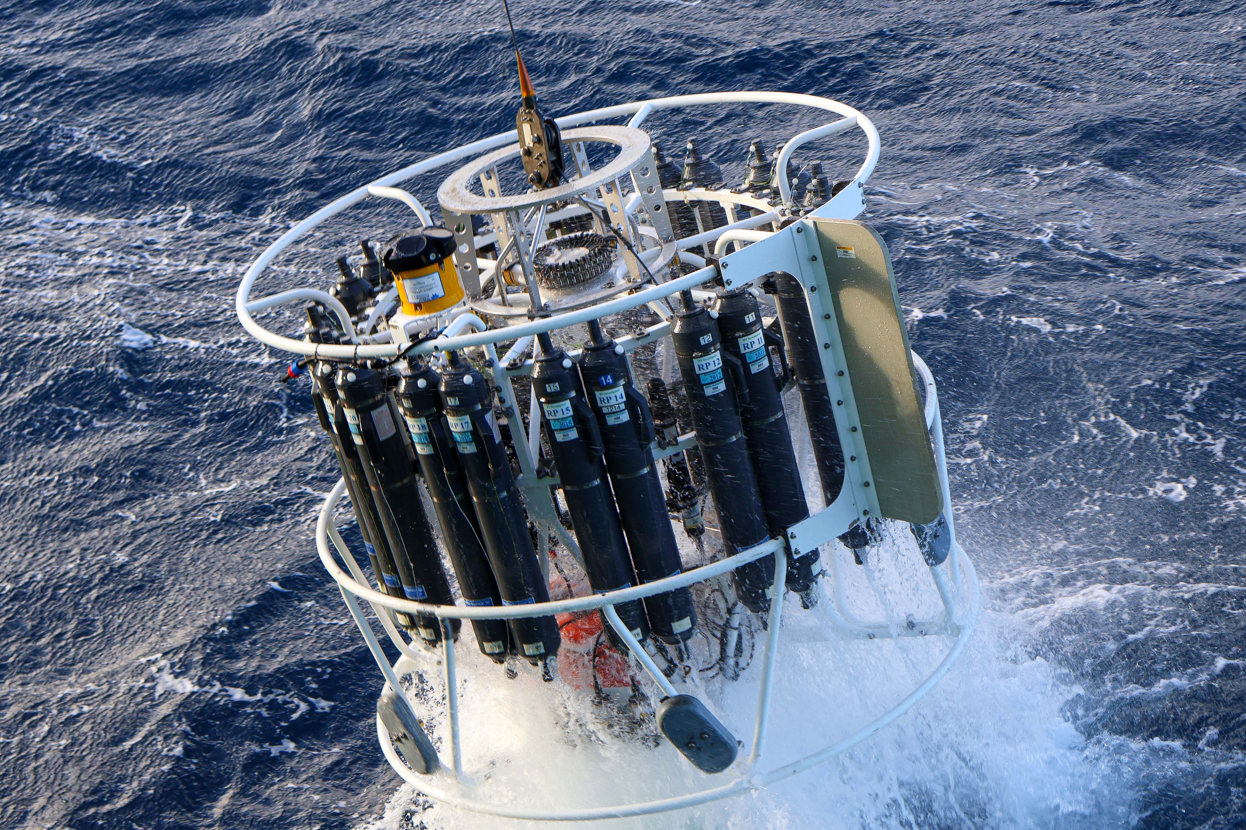 2 CTD rosette emerges from the deep with water samples photo Mark Horstman