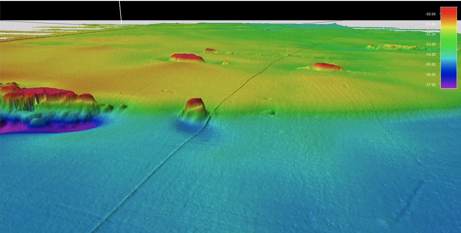 2 Kongsberg EM710 MKII multibeam echosounder data illustrating a pipeline in 50m depth. 