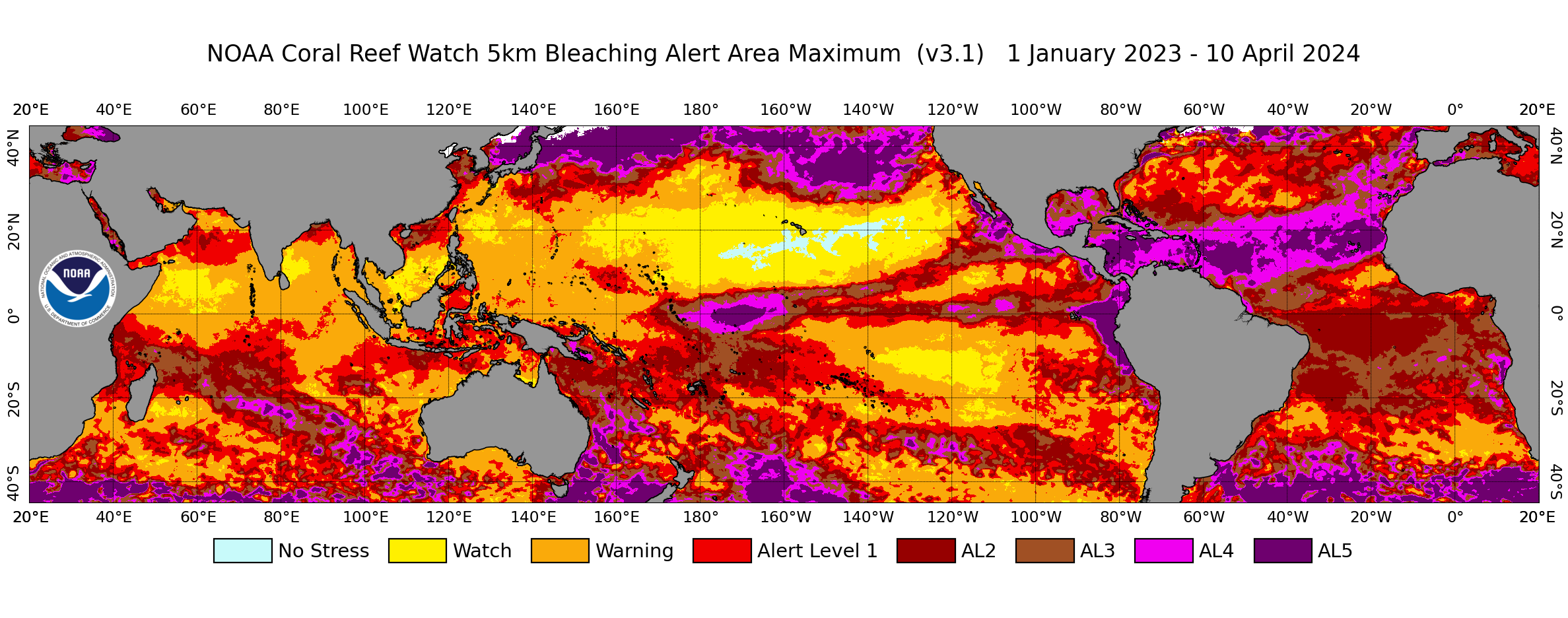 2 IMAGE NOAA Coral Reef Watch global 5km resolution satellite Coral Bleaching Alert Area Maximum map 010123 041024 ct5km baa5 max v3