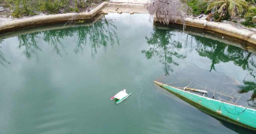 An unmanned system runs survey lines in the Bahamas following the destruction of Hurricane Dorian in September 2019: Breakthroughs in robotics and sensor technology offer a safe and efficient means of charting hard-to-reach and potentially hazardous waters. (Photo credit: Morgan & Eklund)