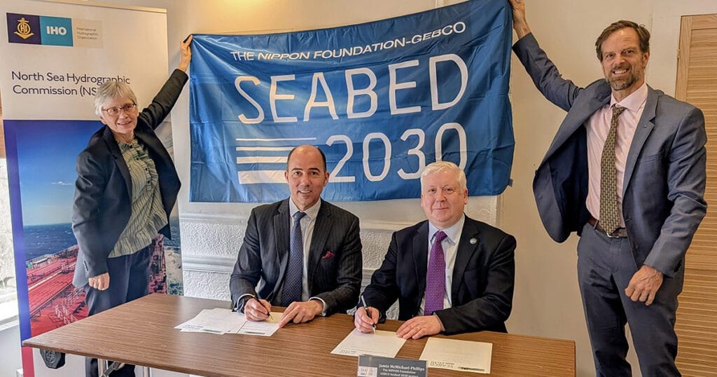 From left: Pia Dahl Højgaard, DG of the Danish Geodata Agency; Rear Admiral Angus Essenhigh OBE, UK National Hydrographer; Jamie McMichael-Phillips, Director of Seabed 2030; Evert Flier, Chair of GEBCO.