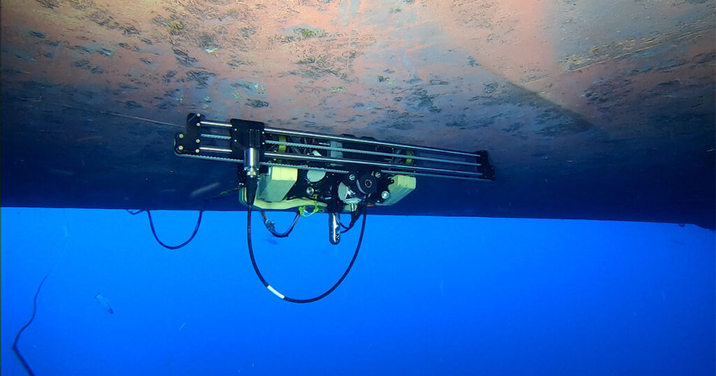 TSC Subsea’s ORCA robotic crawler inspects a vessel hull.