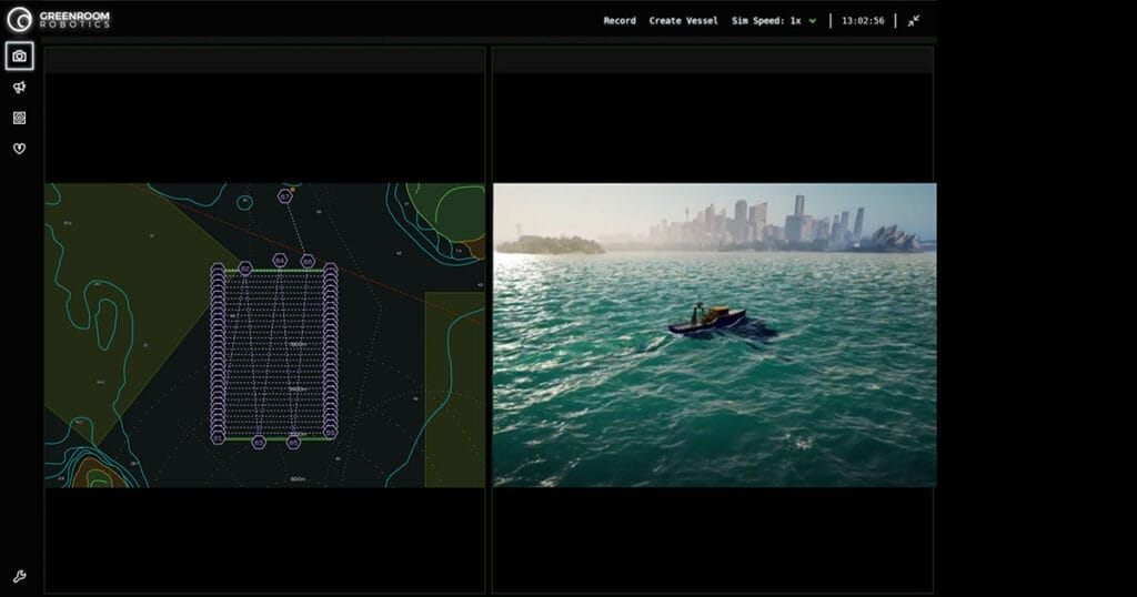 Autonomous survey mission planning in Greenroom Robotics’ MIS-SIM simulation environment, enabling efficient, scalable ocean data collection.