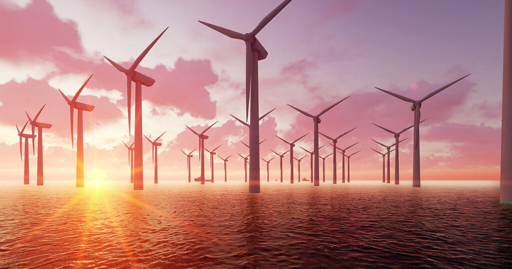 Wind farm at dusk and sea 3D render
