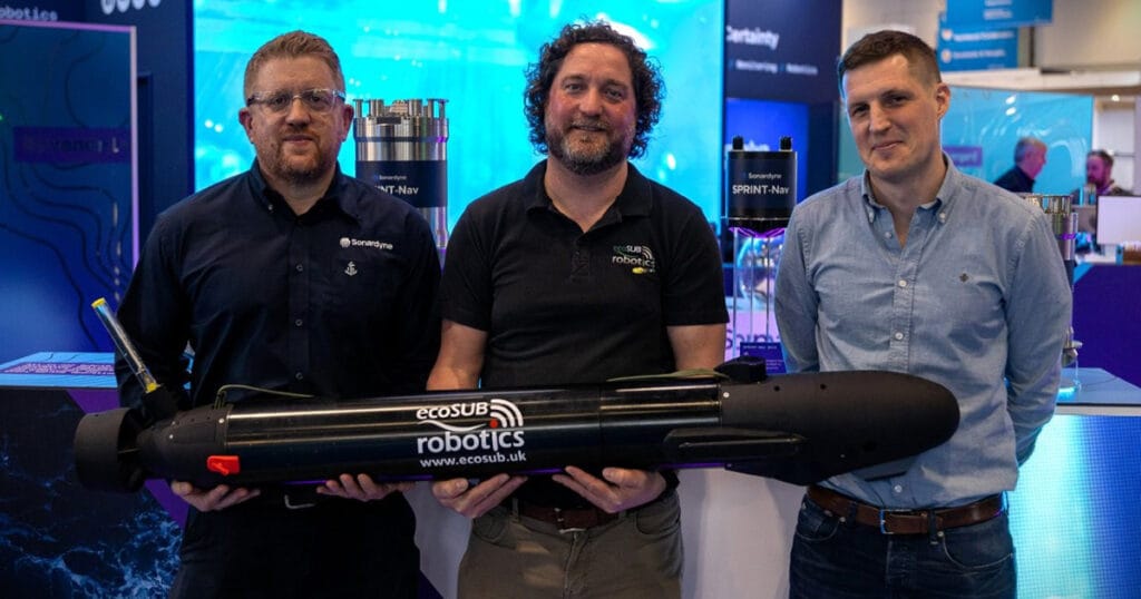 (L-R) Aidan Thorn, Marine Robotics Business Development Manager, at Sonardyne, Iain Vincent, Director & General Manager, at ecoSUB Robotics, and Anders Wikmar, Survey and Technical Director, at Njord Survey.
