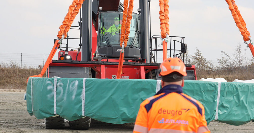 Port handling of wind energy components at Lindø, Denmark.