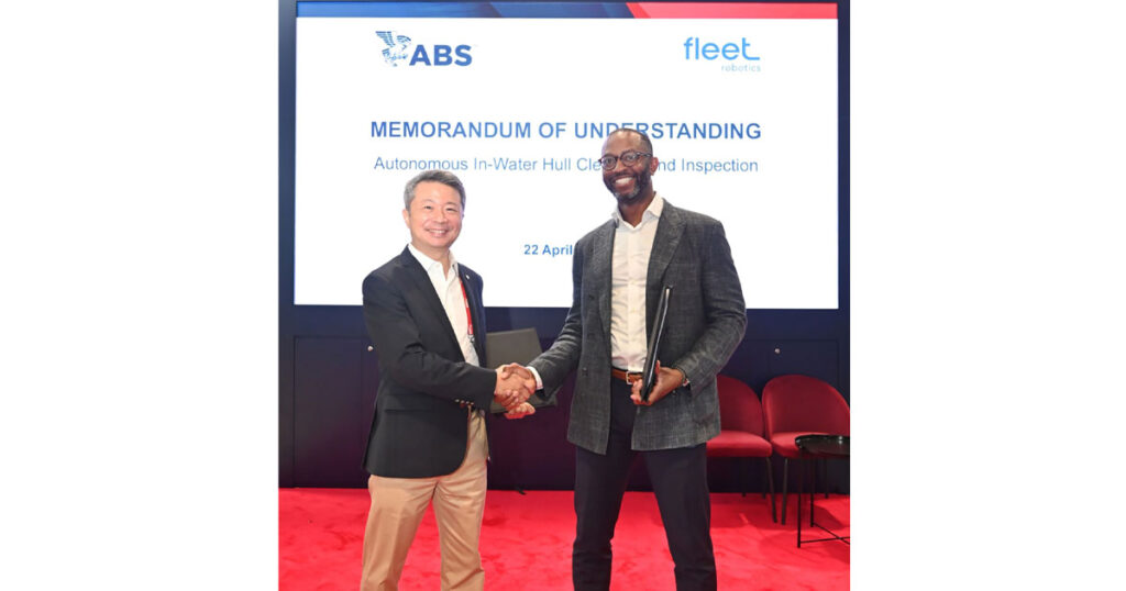 (L to R): Dr. Gu Hai, ABS Vice President, Technology, with Sidney McLaurin, CEO & Co-Founder of Fleet Robotics, at Singapore Maritime Week.