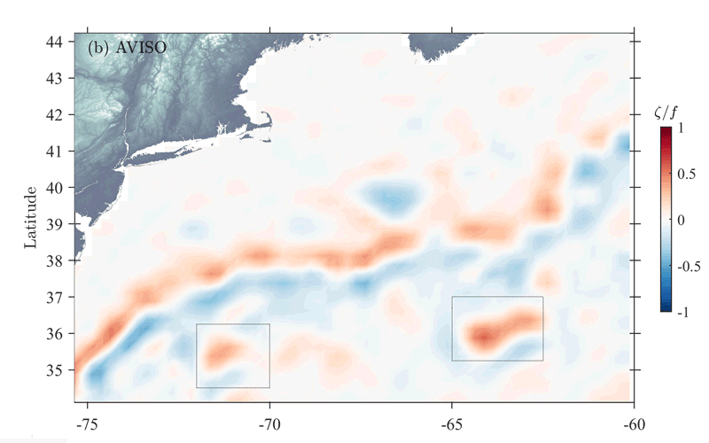 Comparison of the AVISO map built on a ten-day average and the GOFLOW map built on an hourly average.