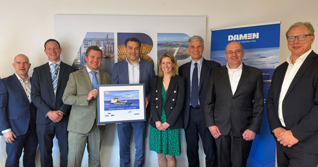Left to right: Jelle Brantsma (Specialized Vessels Director, Damen), Ross Shergold (Technical Manager, UK Dredging), Mark Pearson (General Manager, UK Dredging), Joppe Neijens (Sales Manager, Damen), Maxine Waddington (Senior Legal Counsel, Associated British Ports), Paul Bristowe (Chief of Staff, Associated British Ports), Mijndert Wiesenekker (Sales Director, Damen), and Olivier Marcus (Product Director, Damen).