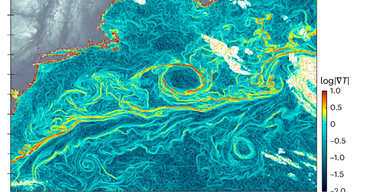 GOFLOW temperature gradient computed in the Gulf Stream region in the Atlantic Ocean. (Image credit: Luc Lenain, Scripps Institution of Oceanography)