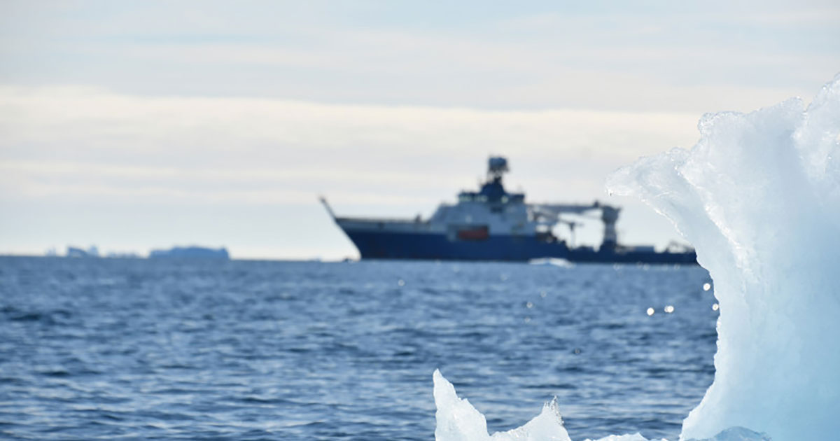 R/V Falkor framed by Antarctic ice in 2025.