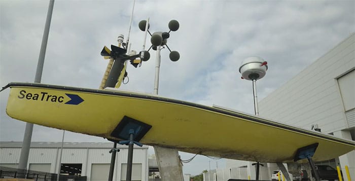 A SeaTrac SP-48 is outfitted with marine sensors to collect offshore data at USM's Marine Research Center. 