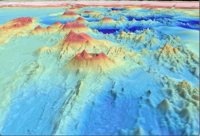A three-dimensional map of the Kermadec Arc in the Pacific Ocean, where the Pacific Plate is subducting beneath the Australian Plate. Researchers have analyzed glass samples from this subduction zone in order to determine the behavior of gold and other precious metals as the Earth’s mantle melts.