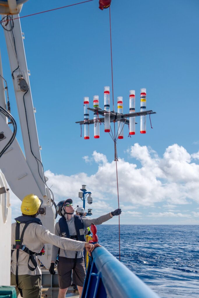 Tully Rohrer (Scientist, University of Hawaiʻi at Mānoa) holds the sediment trap line from the telescopic crane before deployment at the aft deck aboard R/V Falkor (too). The team hypothesizes that decaying plankton effectively provide “compost” for the phytoplankton living in deeper waters. 