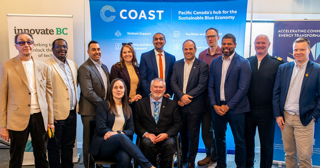 Left to right: Volodimir Grebenyuk, CEO, Ascent Systems Technologies; Dr. Erigene Bakangura, CEO | Founder, Cleohydron Innovation Inc.; Michael Falcone, Regional Vice President – South Vancouver Island, RBC; Sheila Schindel, Managing Director, Commercialization & IP Programs, Innovate BC; Diana Gibson, Minister for Citizen’s Services; Ravi Kahlon, Minister of Jobs & Economic Growth; Dana Lajeunesse, MLA, Juan de Fuca-Malahat; Jason Goldsworthy, Executive Director, COAST; Curran Crawford, Executive Director, Accelerating Community Energy Transformation (ACET); Meiz Majdoub Jr., CEO, Mostar Labs Inc; Derek Moss, Assistant Commissioner Western Region, Canadian Coast Guard; Aaron Stone, CEO, South Island Prosperity Partnership.
