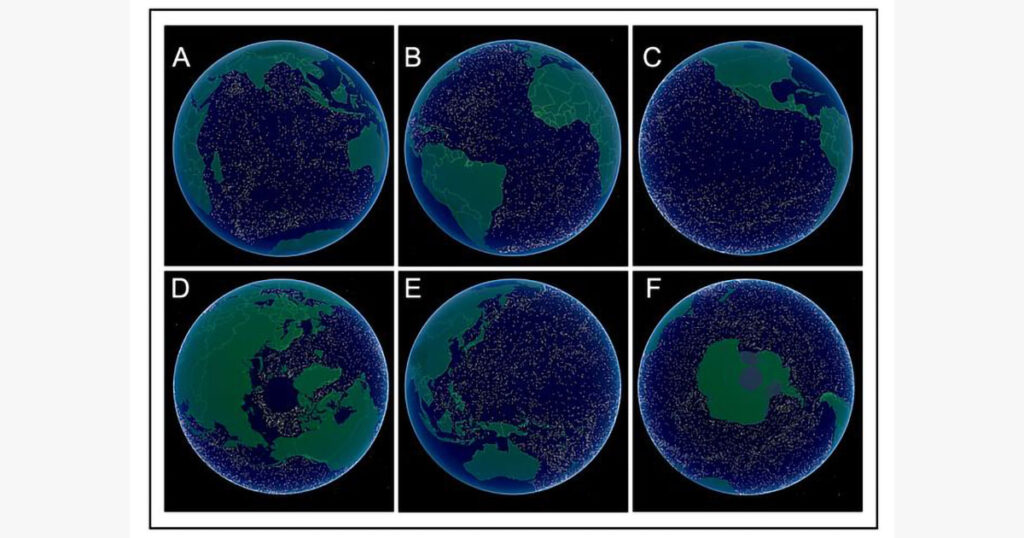 The Global Deep Sea Exploration Goal locations are visualized on six views of a three-dimensional surface of Earth: (A) Arctic Ocean, (B) Atlantic Ocean, (C) Indian Ocean, (D) Western Pacific Ocean, (E) Eastern Pacific Ocean, and (F) Southern Ocean. Maps rendered with ArcGIS software (53).