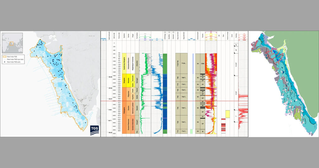 (left) Project well location map and seismic input data, (center) detailed stratigraphic well log viewer, and (right) example facies/reservoir distribution map highlighting depositional variability and key reservoir trends. (Image credit: TGS)