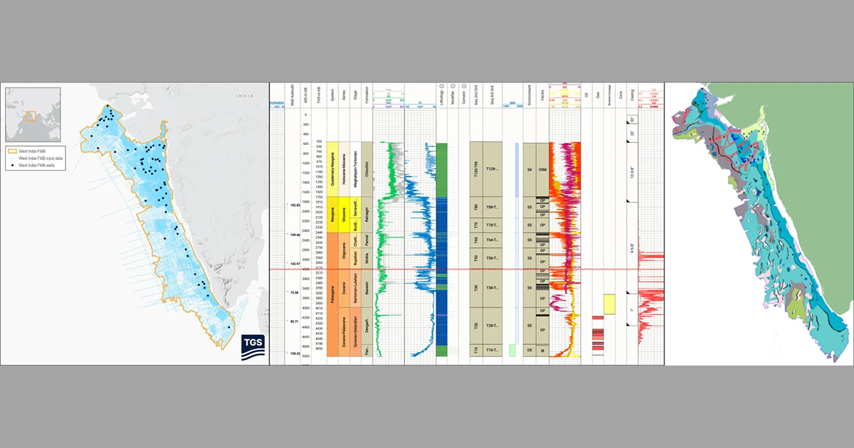 (left) Project well location map and seismic input data, (center) detailed stratigraphic well log viewer, and (right) example facies/reservoir distribution map highlighting depositional variability and key reservoir trends. (Image credit: TGS)