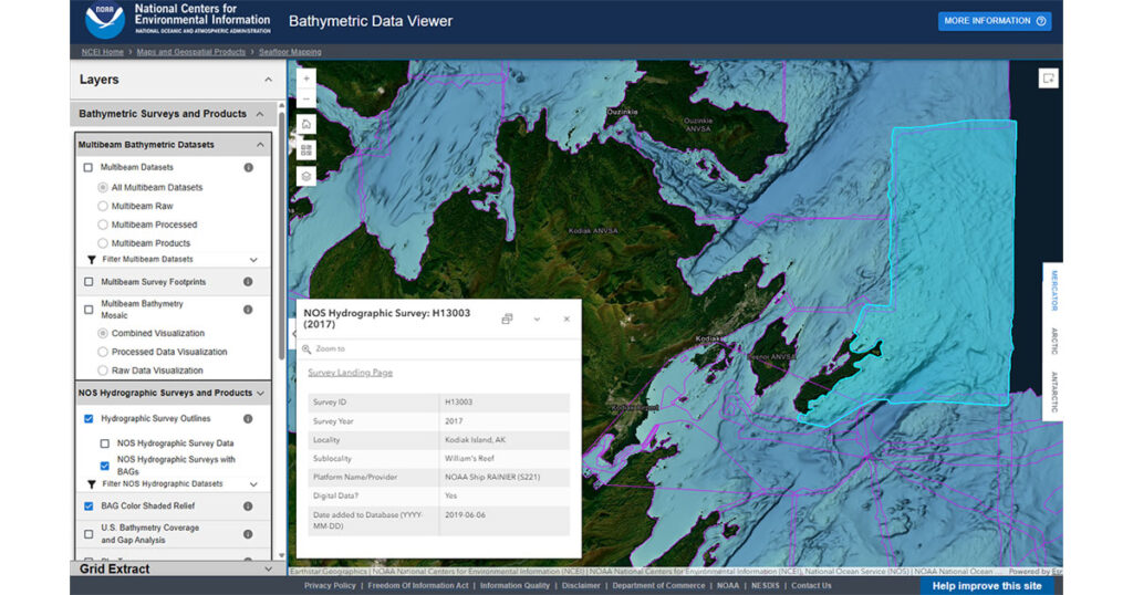 Screenshot of the NCEI Bathymetric Data Viewer, showing NOAA/NOS hydrographic survey data near Kodiak, Alaska.