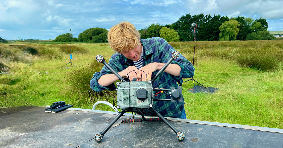 This image shows Reinhart Paelinck, CEO and Founder of Kiteswarms Ltd, preparing a drone for the DroneHome field trials that took place at Wrafton, Devon, UK.