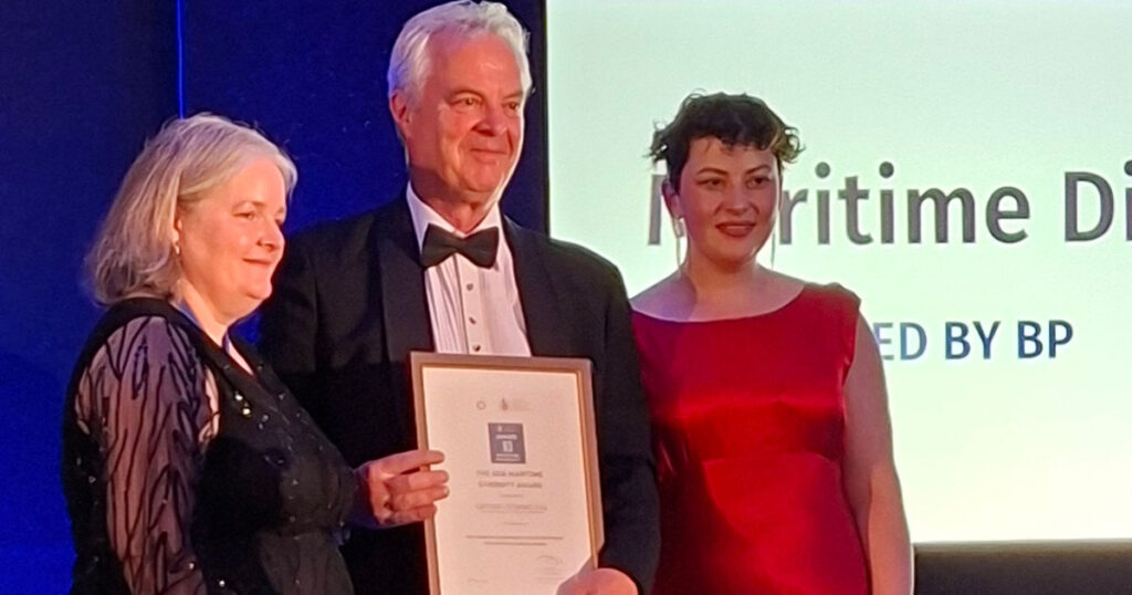 Steve Whitby, Group IT Director & Managing Director, Wallem Vessel IT Services (VITS), collects the Maritime Diversity Award, sponsored by BP, from Professor Catriona Savage, President, The Royal Institution of Naval Architects.