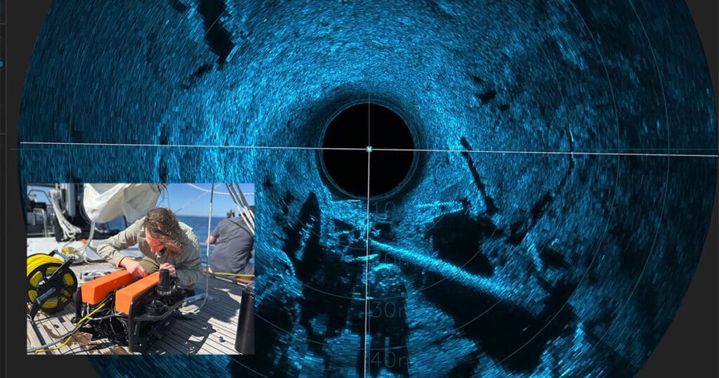 A view using Omniscan FS and SonarView; (inset) pre-mission ROV preparation before first descent to the Steinbrenner. (Credit: Cerulean Sonar)