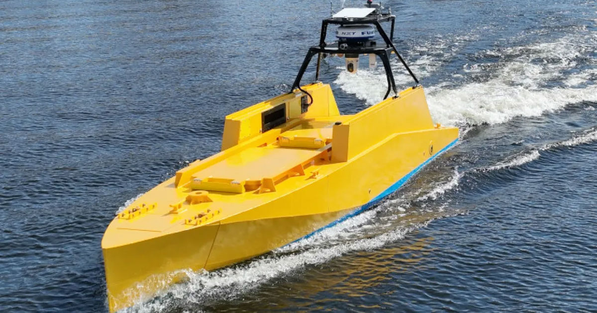 Uncrewed maritime systems, like this small boat, were developed to be used with NOAA's new charting and mapping vessels, and will complement traditional seafloor mapping methods.