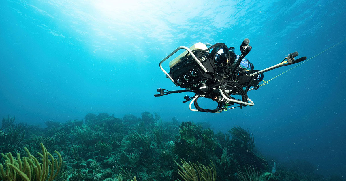CUREE (Curious Underwater Robot for Ecosystem Exploration) autonomous underwater vehicle navigates using information from its cameras and outstretched hydrophones to gather audio and visual information about a coral reef environment.