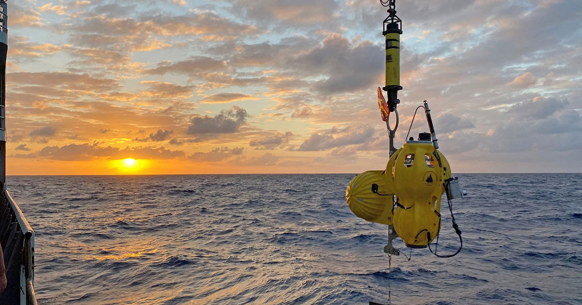 An ocean bottom seismometer is being deployed by the Ocean Bottom Seismic Instrument Center during a research expedition to the Gofar transform fault in the Pacific Ocean.