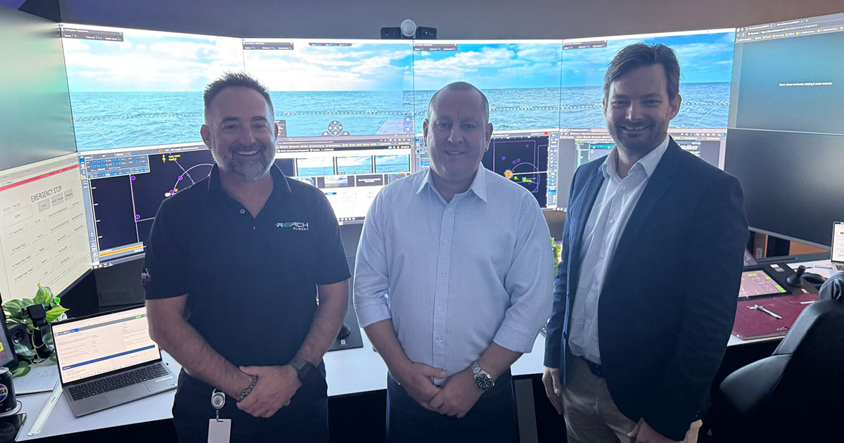 Paul Mullins (APAC – IMR Director, Reach Subsea), Stuart Walker (Managing Director, Beacon Offshore), and Morten Grevstad (Business Development Manager, Reach Subsea) at Reach Subsea’s Remote Operations Center (ROC) in Australia.