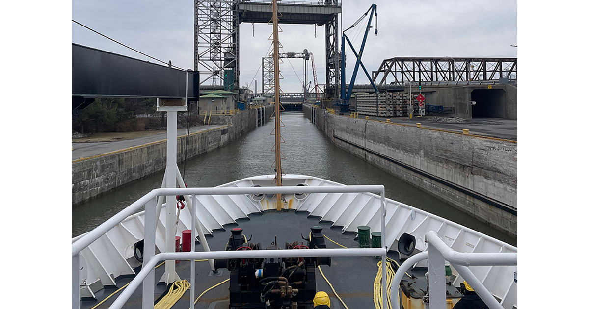 NOAA Ship Thomas Jefferson in the locks for the Saint Lambert's Lock in April 2026.