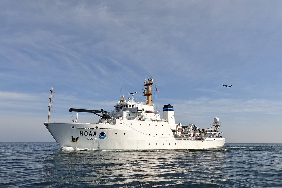NOAA Ship Thomas Jefferson mapping off the coast of Cleveland, Ohio, in 2022, along with a NOAA plane collecting lidar data. 