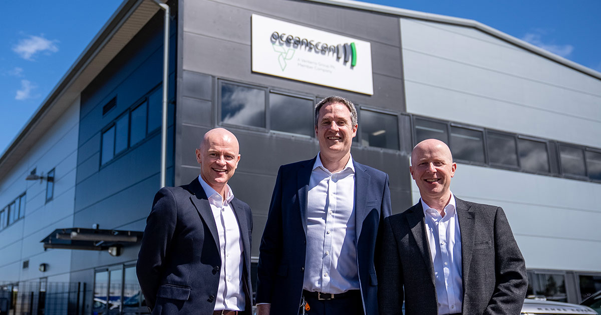 Left to right: Brett Laurenson, Chief Growth Officer; Derek Donaldson, CEO; and Kevin Strachan, CFO, outside the new Oceanscan facility in Dyce.
