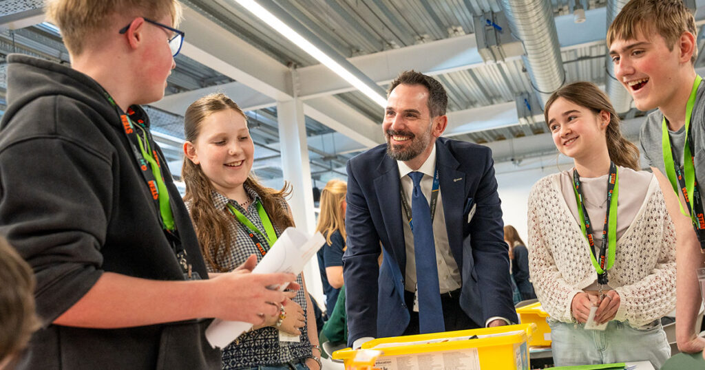 Andy Fraser, Group Managing Director at Saab UK, engaging with students at the GUH STEM Challenge.