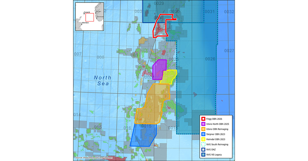 Map showing the location of the new Frigg OBN survey project.