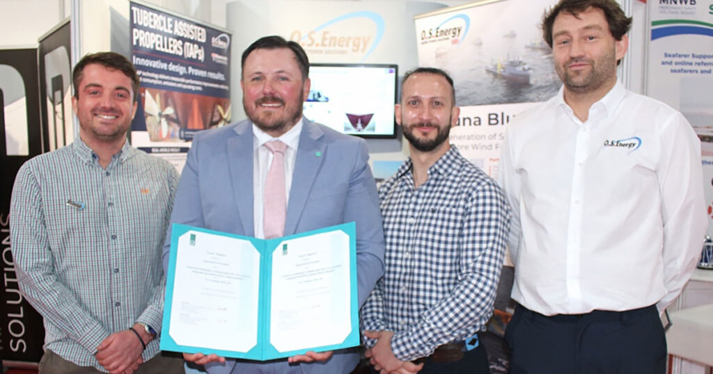 Left to right: Oliver Cornforth, Head of Projects at O.S. Energy; Steve Windrim, Senior Client Relationship Manager, Lloyd's Register; Nik Lekkas, CTO at Ecomar Propulsion; and Martin Nuernberg, Director, O.S. Energy.