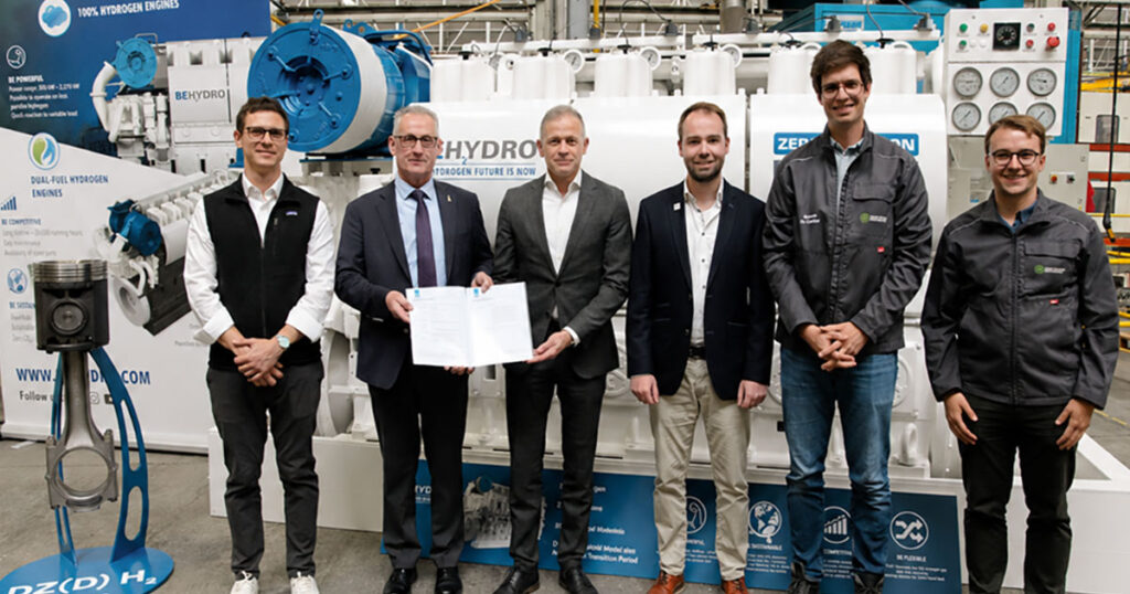 Left to right: Michail Cheliotis – Marine Surveyor, Lloyd's Register; Peter Van de Graaf – Strategic Key Account Business Partner, Lloyd's Register; Tim Berckmoes - CEO, Anglo Belgian Corporation; Louis Vercauter - Project Coordinator, CMB.TECH; Edward Belderbos - Project Engineer, Anglo Belgian Corporation; Arthur Ghekiere - Project Engineer, Anglo Belgian Corporation.