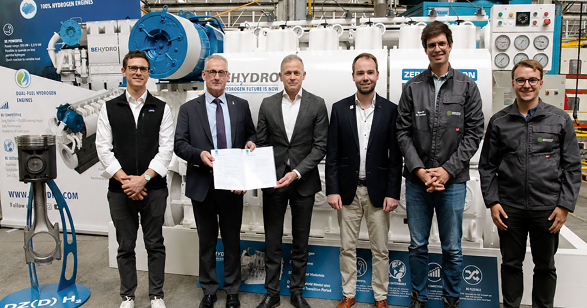 Left to right: Michail Cheliotis – Marine Surveyor, Lloyd's Register; Peter Van de Graaf – Strategic Key Account Business Partner, Lloyd's Register; Tim Berckmoes - CEO, Anglo Belgian Corporation; Louis Vercauter - Project Coordinator, CMB.TECH; Edward Belderbos - Project Engineer, Anglo Belgian Corporation; Arthur Ghekiere - Project Engineer, Anglo Belgian Corporation.