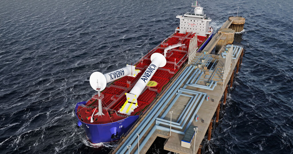 The completed MR tanker concept showing the two Anemoi 5x35 m EX-rated Rotor Sails in the folded position.