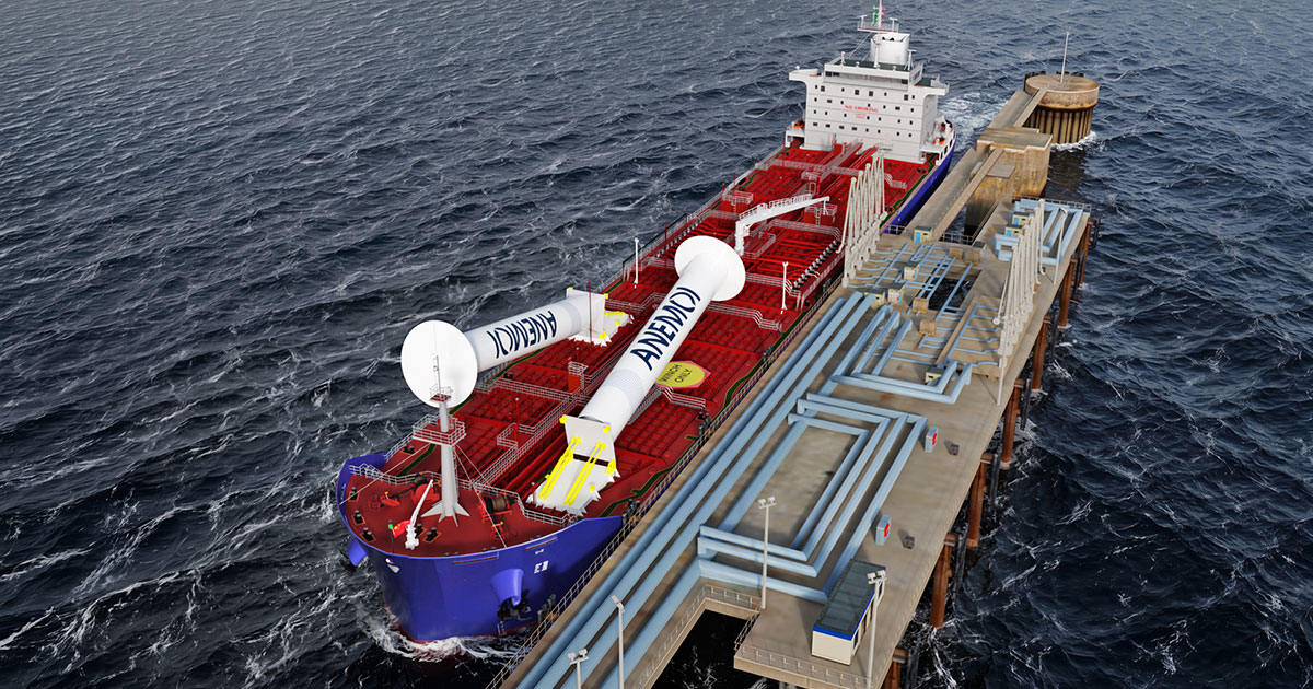 The completed MR tanker concept showing the two Anemoi 5x35 m EX-rated Rotor Sails in the folded position.