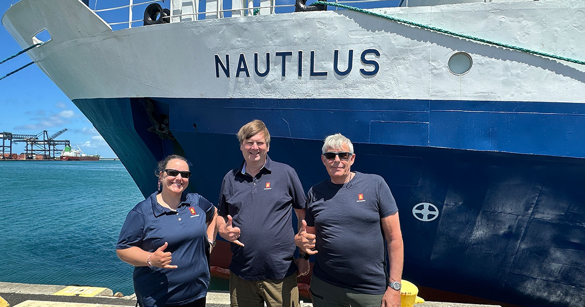The KONGSBERG team dockside in Honolulu ahead of the NA178 expedition. Left to right: Colleen Peters, Jørn Horvik, and Knut Terje will spend 14 days at sea testing the EM 304 MKII aboard E/V Nautilus.