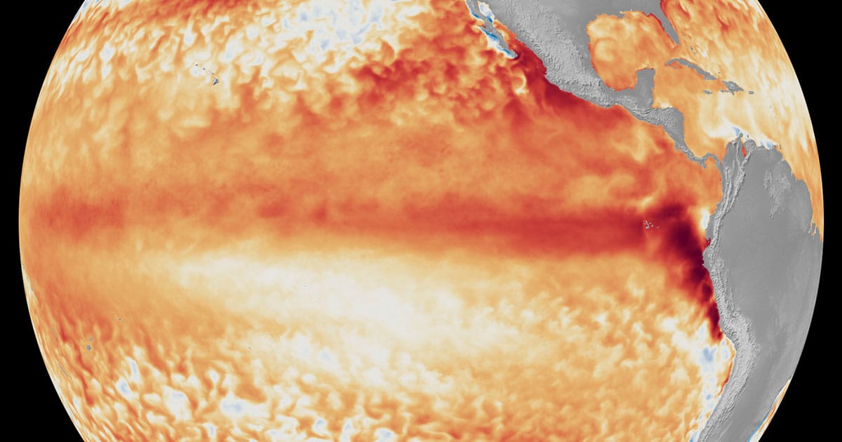 Satellite imagery showing the difference from average sea surface temperatures at the equator in the tropical Pacific Ocean (depicted using various shades of red and orange for warmth) during the first week of June 2026, as compared with the baseline used by NOAA’s Coral Reef Watch.