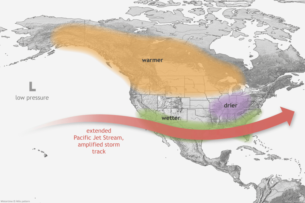 This map shows the typical impacts of El Niño on the continental US and Canada during Northern Hemisphere winter. 