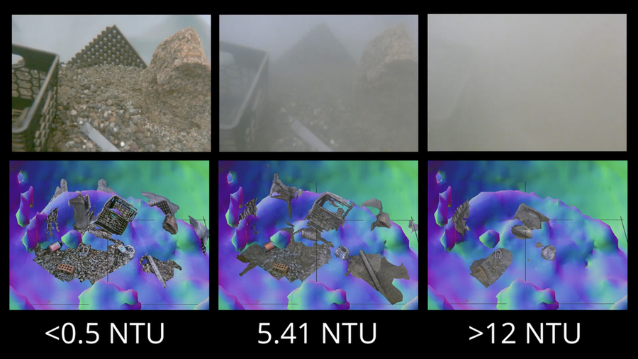 Even in the cloudiest conditions, the system was able to see through the sediment to map the tank’s environment and visualize centimeter-scale details of objects in the tank.