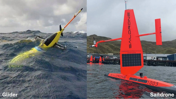 Left: An underwater buoyancy glider at the ocean surface on a deployment. (Image credit: NOAA), Right: A Saildrone uncrewed surface vehicle in operation. 