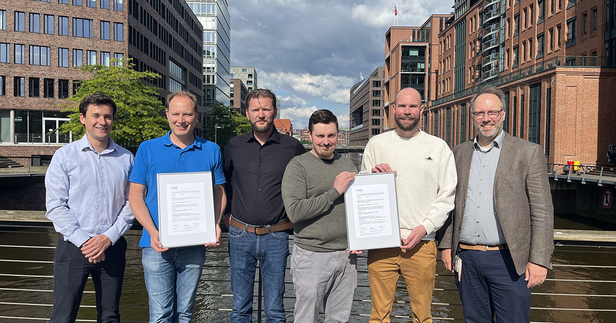 Left to right: Lauren Andrik, Project Manager at DNV; Tobias Kracke, Project Development Manager at RWE; Gerd Stein, Project Development Manager at RWE; Kasperi Heikkilä, Certification Engineer at RWE; Hannes Brudi, Certification Engineer at RWE; Stafan Baars, Head of Department Project Certification at DNV.