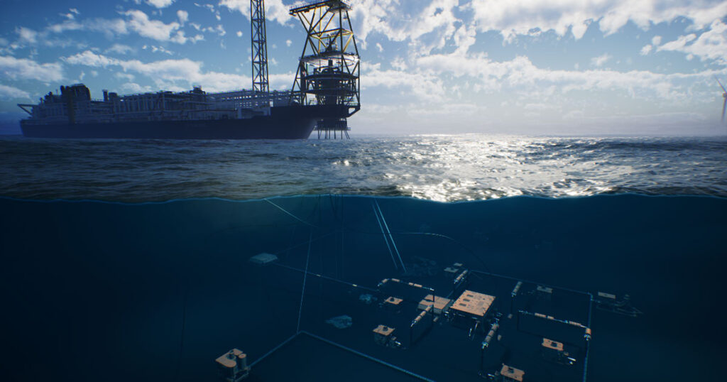 An artist’s illustration showing a floating production system with mooring spread.