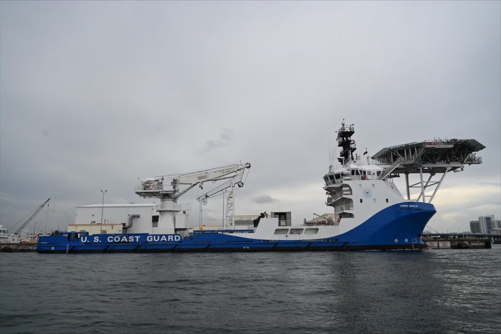 Homeland Security Cutter-Ocean is moored at US Coast Guard Base Miami Beach, Florida, June 26, 2026. Cutter Ocean will serve as the first vessel contracted in a new initiative using commercial vessels to transport supplies, equipment and personnel to Coast Guard cutters operating in the Caribbean, Gulf of America, and other maritime areas in the Western Hemisphere. (Image credit: Petty Officer 3rd Class Reese Hindmarsh, USCG))