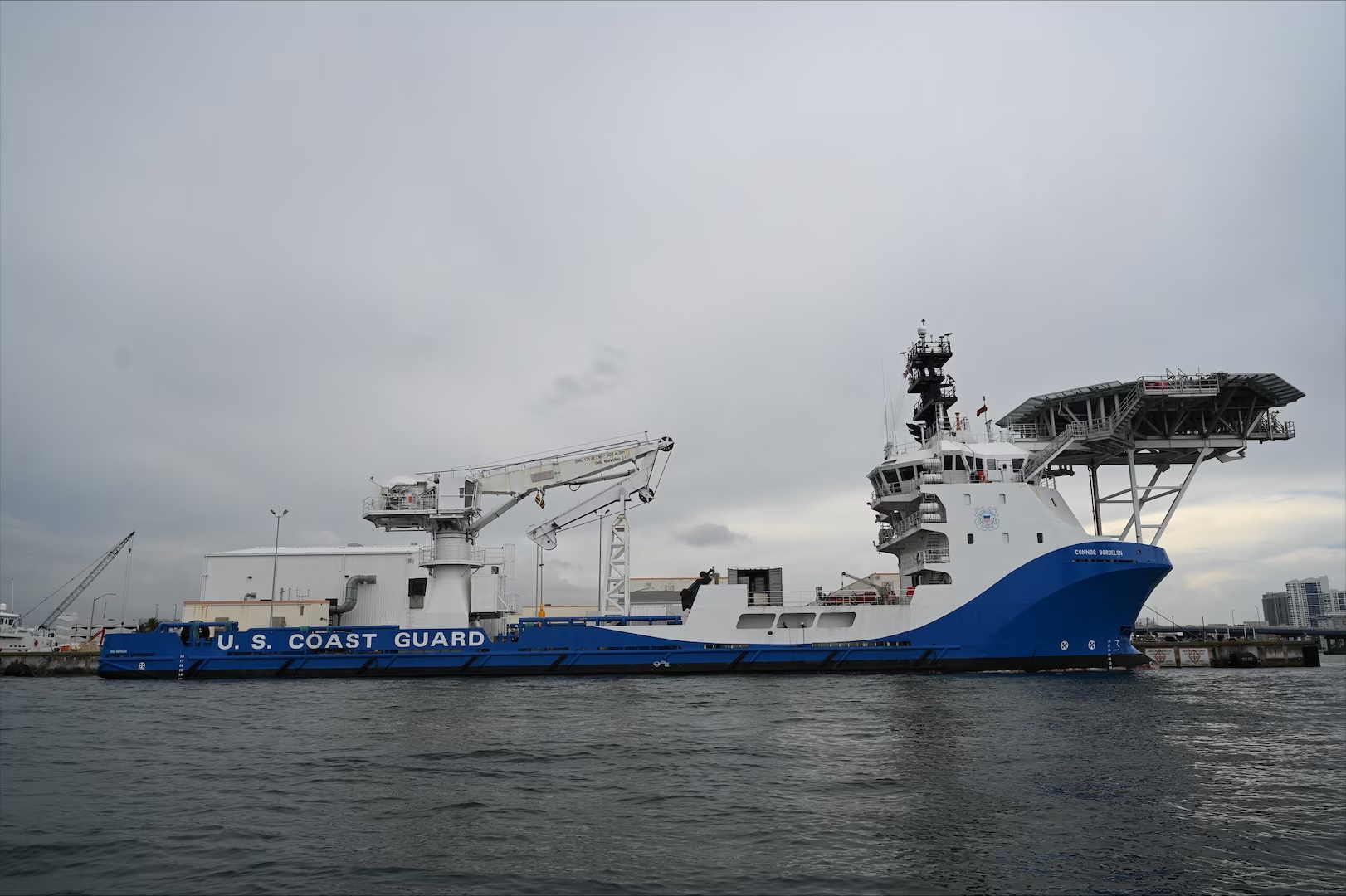 Homeland Security Cutter-Ocean is moored at US Coast Guard Base Miami Beach, Florida, June 26, 2026. Cutter Ocean will serve as the first vessel contracted in a new initiative using commercial vessels to transport supplies, equipment and personnel to Coast Guard cutters operating in the Caribbean, Gulf of America, and other maritime areas in the Western Hemisphere. (Image credit: Petty Officer 3rd Class Reese Hindmarsh, USCG))