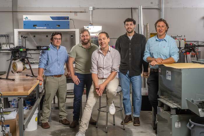 Juice Robotics team (from left) Jason Noel, operations executive; Russell Shomberg, engineer and consultant; Matt Jewell, chief technology officer; Robert Hauser, business development executive; and Brennan Phillips, chief science officer. (Not pictured: CEO Stephen Piper). (Image credit: URI)